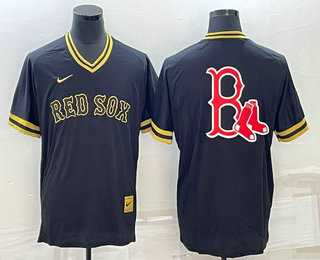 Men%27s Boston Red Sox Big Logo Black Gold Nike Cooperstown Legend V Neck Jersey